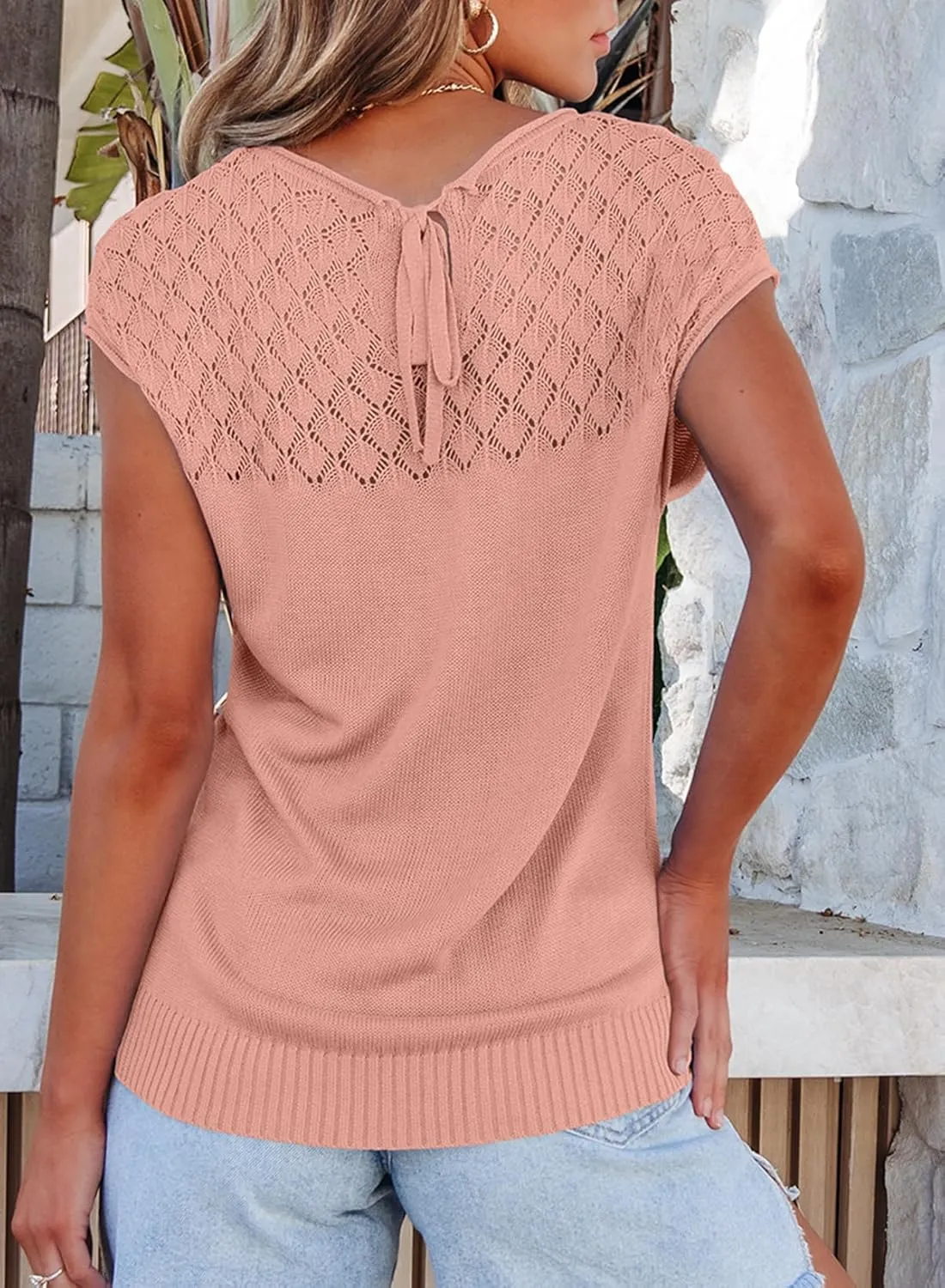 EVALESS Womens Fashion Short Sleeve Sweaters Crewneck Crochet Tops Summer Tie Back Shirts Knit T Shirts Sweater Tops