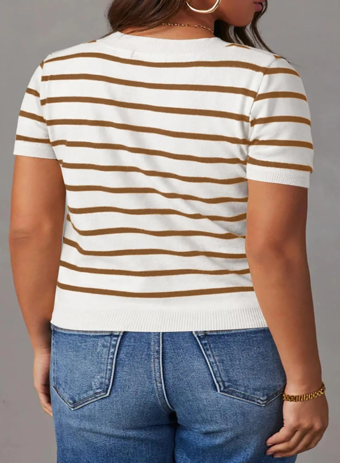 Eytino Women Plus Size Sweater Tops Short Sleeve Crewneck Striped Tshirts Casual Summer Blouses Shirts(1X-5X)