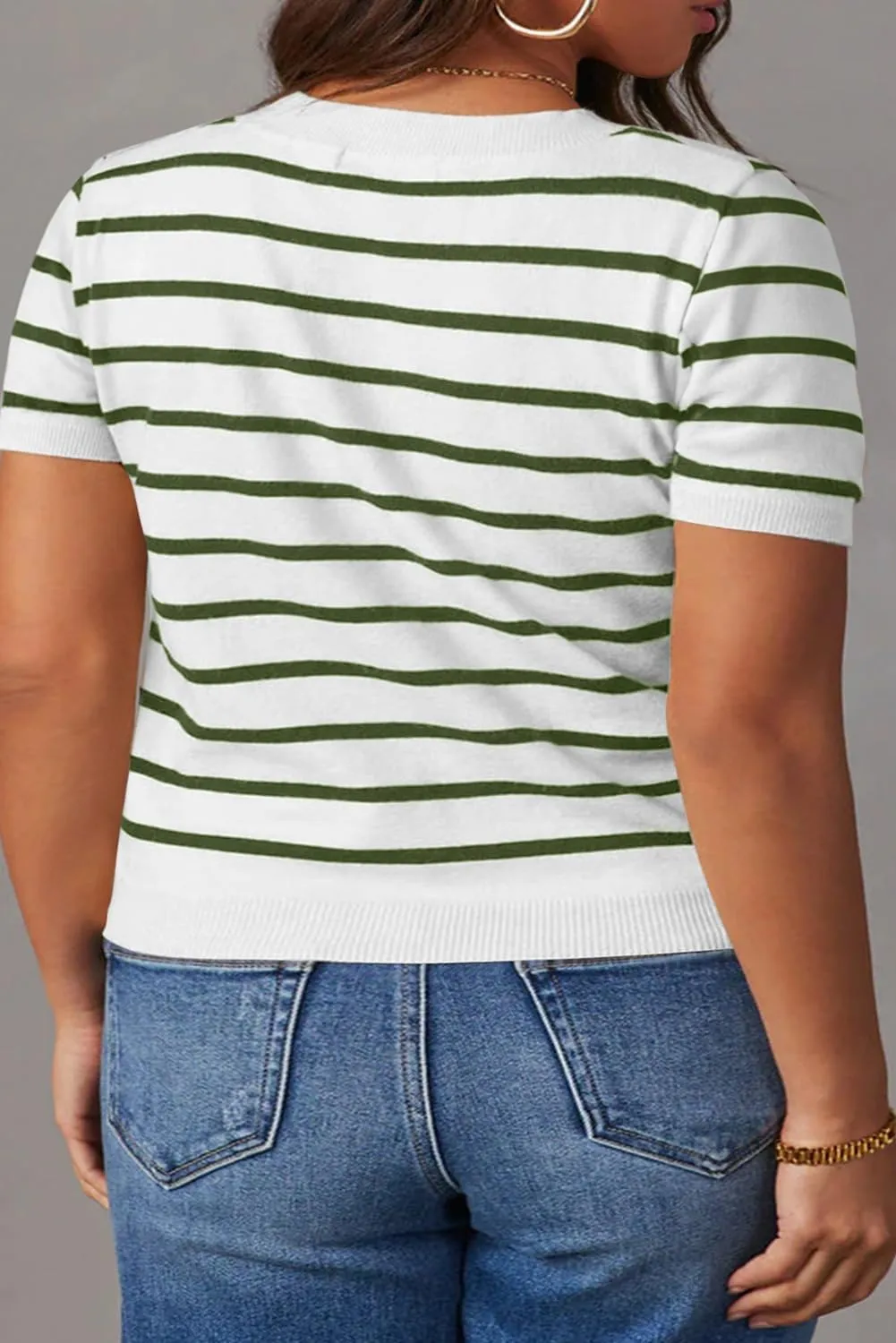 Eytino Women Plus Size Sweater Tops Short Sleeve Crewneck Striped Tshirts Casual Summer Blouses Shirts(1X-5X)