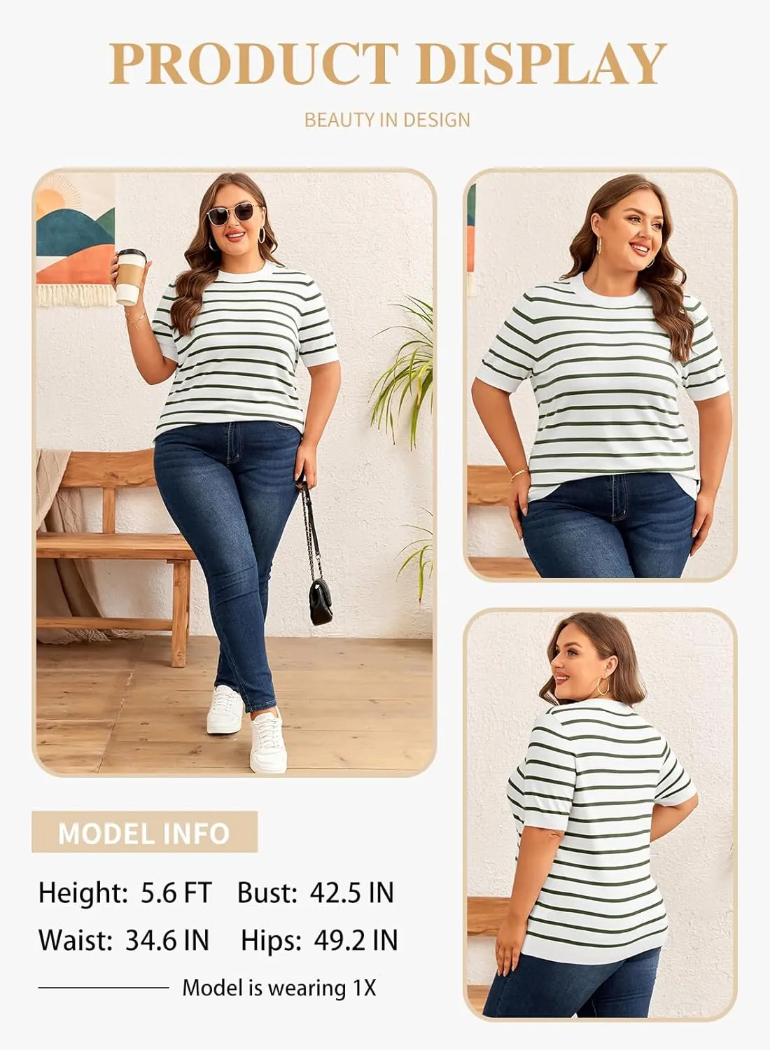 Eytino Women Plus Size Sweater Tops Short Sleeve Crewneck Striped Tshirts Casual Summer Blouses Shirts(1X-5X)