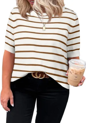 Eytino Women Plus Size Sweater Tops Short Sleeve Crewneck Striped Tshirts Casual Summer Blouses Shirts(1X-5X)