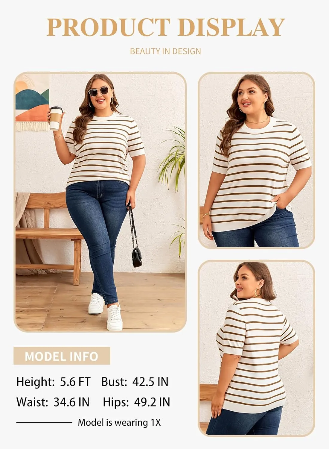 Eytino Women Plus Size Sweater Tops Short Sleeve Crewneck Striped Tshirts Casual Summer Blouses Shirts(1X-5X)
