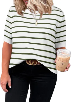 Eytino Women Plus Size Sweater Tops Short Sleeve Crewneck Striped Tshirts Casual Summer Blouses Shirts(1X-5X)
