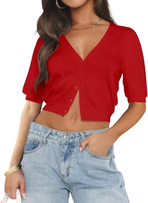 Ezbelle Summer Women's V Neck Tops Cardigan Sweater Sexy Short Sleeve Knit Crop Button Down Shirt 2025
