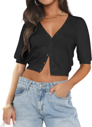 Ezbelle Summer Women's V Neck Tops Cardigan Sweater Sexy Short Sleeve Knit Crop Button Down Shirt 2025