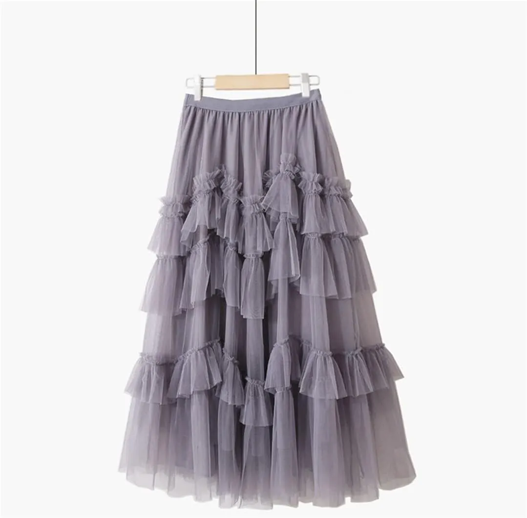 Fashion Korean Style 3 Layers Mesh Tulle Long Pleated Skirt Women Mid-Length High Waist A Line Maxi Skirt Female