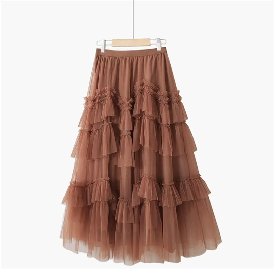 Fashion Korean Style 3 Layers Mesh Tulle Long Pleated Skirt Women Mid-Length High Waist A Line Maxi Skirt Female