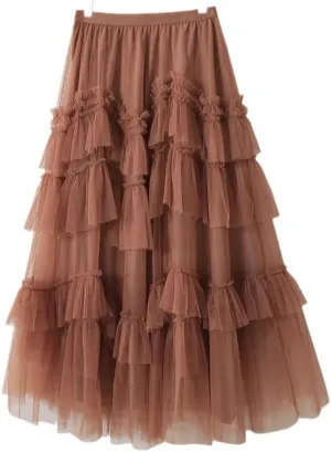 Fashion Korean Style 3 Layers Mesh Tulle Long Pleated Skirt Women Mid-Length High Waist A Line Maxi Skirt Female