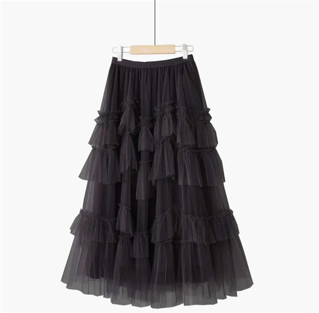 Fashion Korean Style 3 Layers Mesh Tulle Long Pleated Skirt Women Mid-Length High Waist A Line Maxi Skirt Female