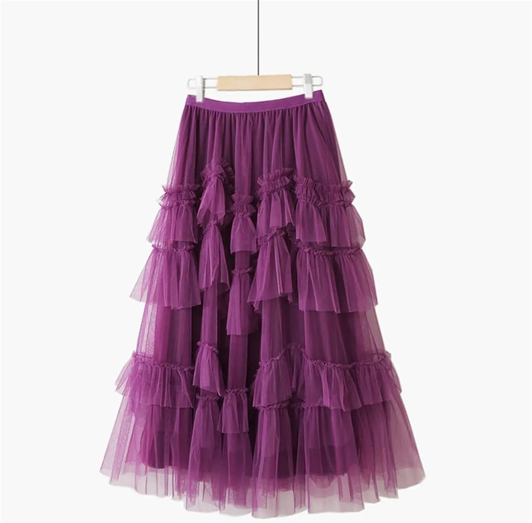 Fashion Korean Style 3 Layers Mesh Tulle Long Pleated Skirt Women Mid-Length High Waist A Line Maxi Skirt Female