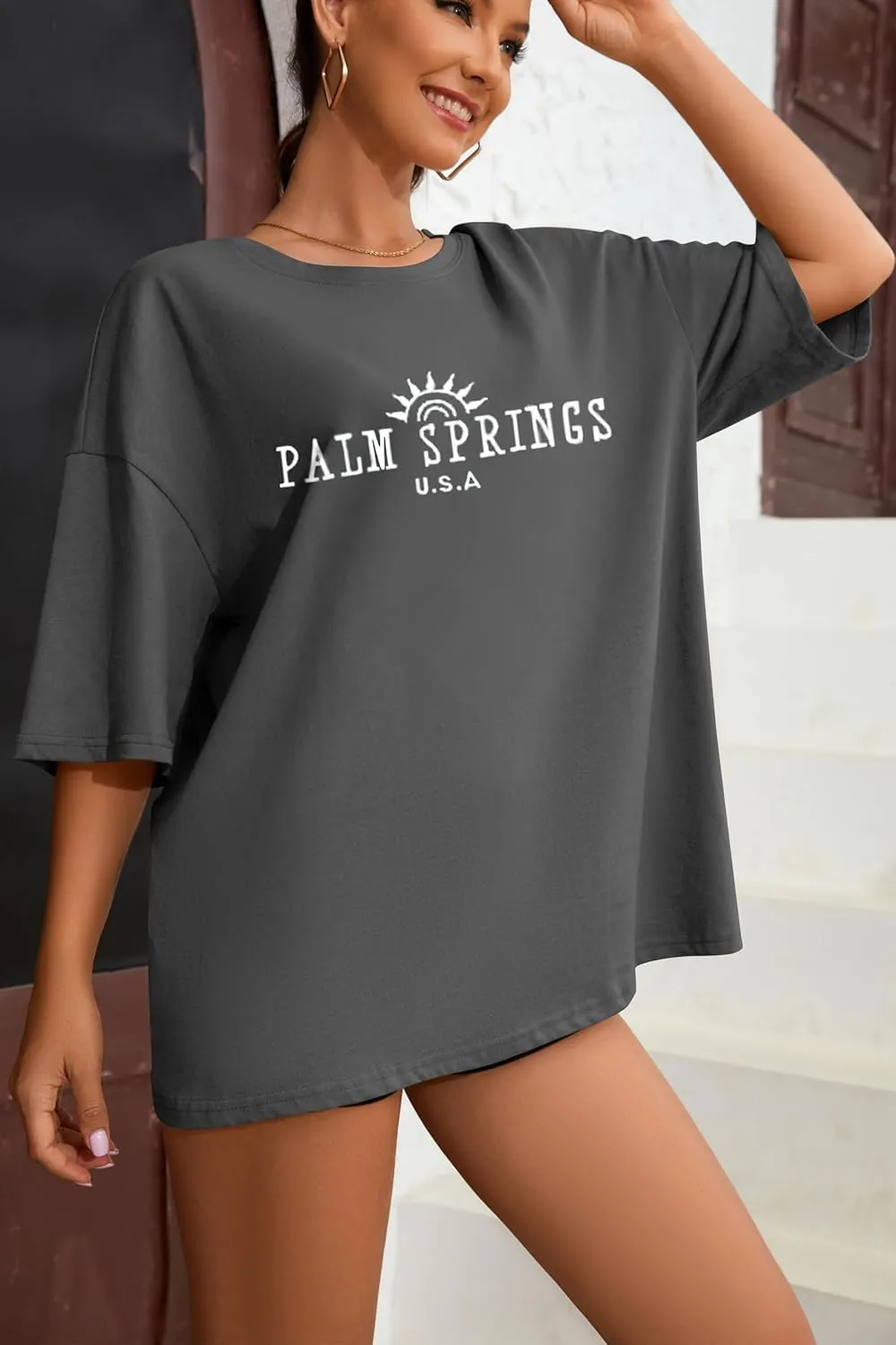 Fenxxxl Womens Round Neck Oversized Tshirts Loose Casual Summer Shirts Junior Tops Boyfriend Graphic Tees