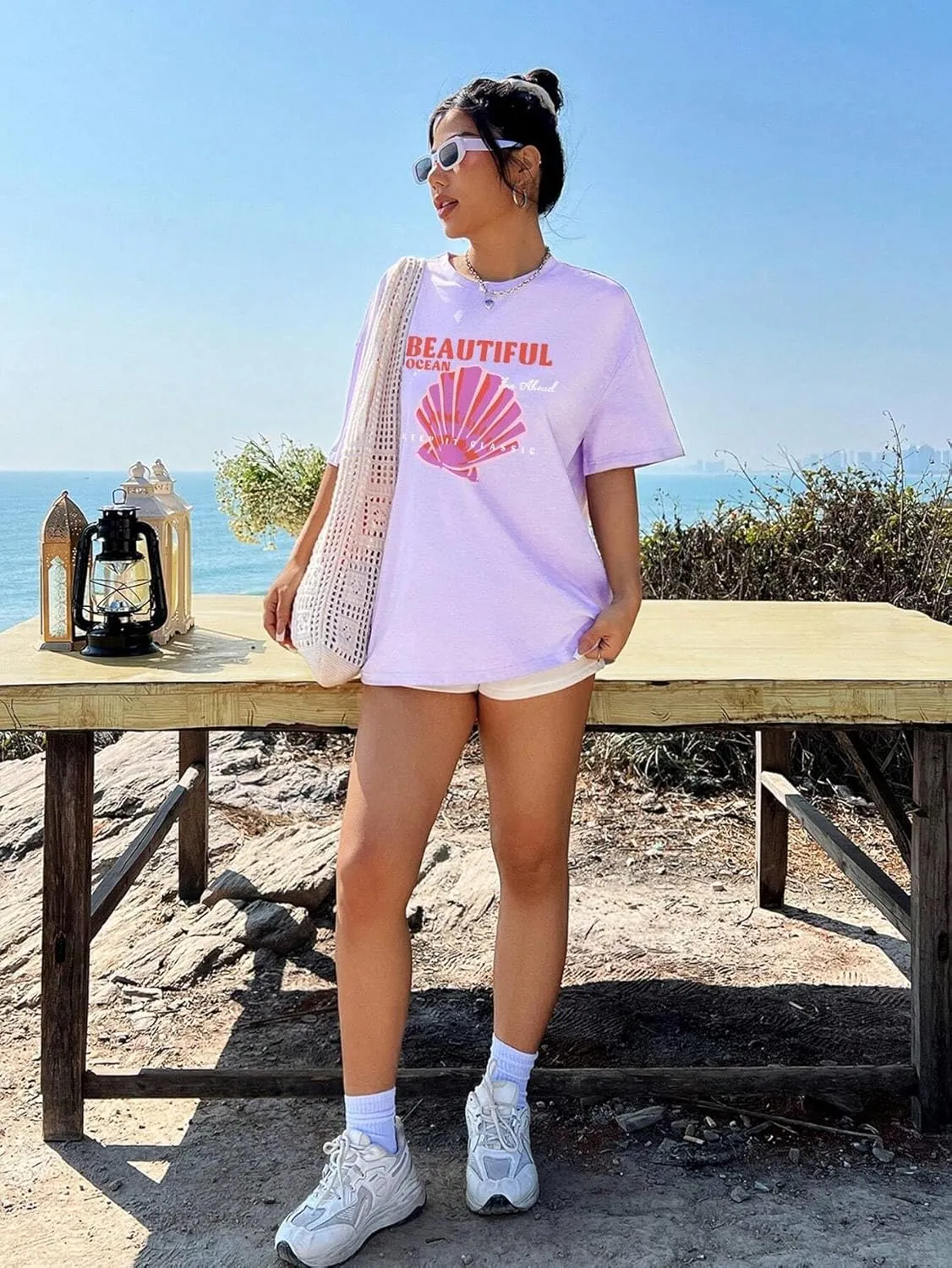 Fenxxxl Womens Round Neck Oversized Tshirts Loose Casual Summer Shirts Junior Tops Boyfriend Graphic Tees