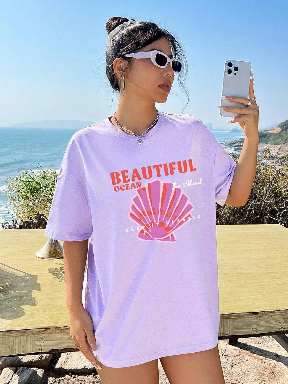 Fenxxxl Womens Round Neck Oversized Tshirts Loose Casual Summer Shirts Junior Tops Boyfriend Graphic Tees