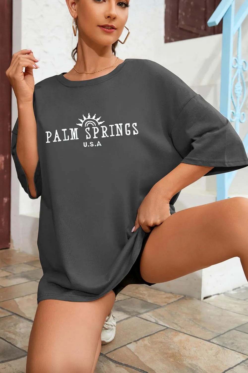 Fenxxxl Womens Round Neck Oversized Tshirts Loose Casual Summer Shirts Junior Tops Boyfriend Graphic Tees