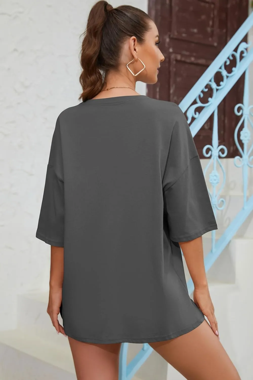 Fenxxxl Womens Round Neck Oversized Tshirts Loose Casual Summer Shirts Junior Tops Boyfriend Graphic Tees