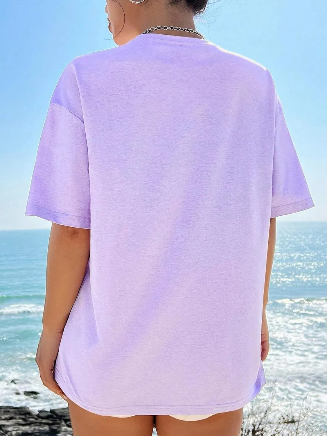Fenxxxl Womens Round Neck Oversized Tshirts Loose Casual Summer Shirts Junior Tops Boyfriend Graphic Tees