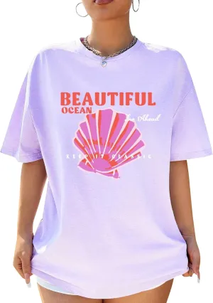 Fenxxxl Womens Round Neck Oversized Tshirts Loose Casual Summer Shirts Junior Tops Boyfriend Graphic Tees