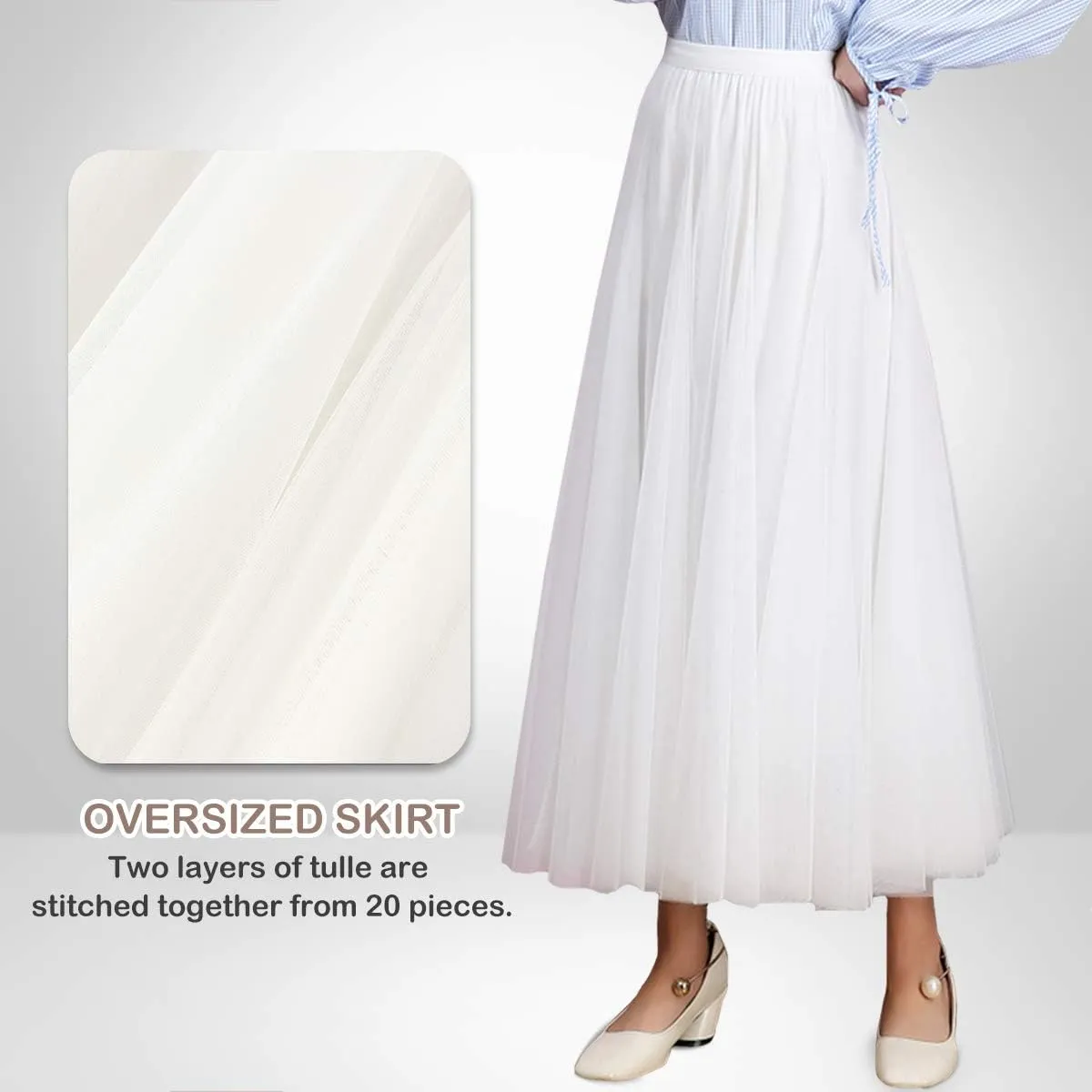 FEOYA Women Tutu Tulle Skirt A-Line Fairy Pleated Elastic Waist Maxi Midi Tea Length Party Evening Summer Casual Skirt