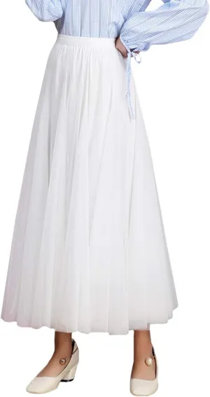 FEOYA Women Tutu Tulle Skirt A-Line Fairy Pleated Elastic Waist Maxi Midi Tea Length Party Evening Summer Casual Skirt