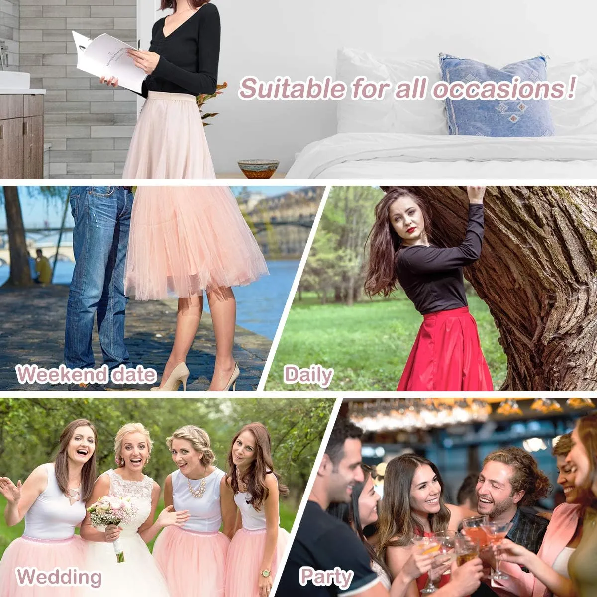 FEOYA Women Tutu Tulle Skirt A-Line Fairy Pleated Elastic Waist Maxi Midi Tea Length Party Evening Summer Casual Skirt