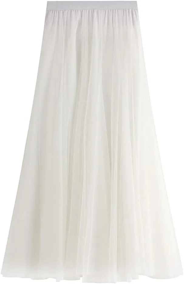 FEOYA Women Tutu Tulle Skirt A-Line Fairy Pleated Elastic Waist Maxi Midi Tea Length Party Evening Summer Casual Skirt