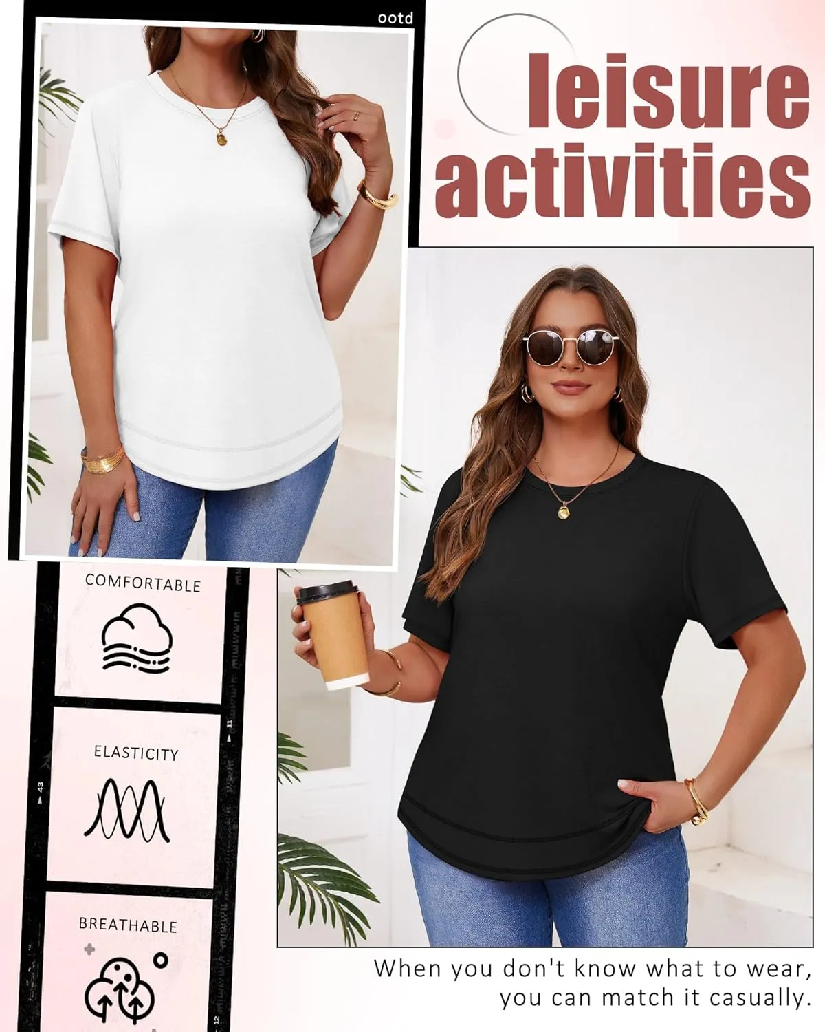 Ficerd 3 Pack Women's Plus Size T Shirts, Short Sleeve Crew Neck Shirts Curved Hem Casual Trendy Tops Loose Fit Summer Tee