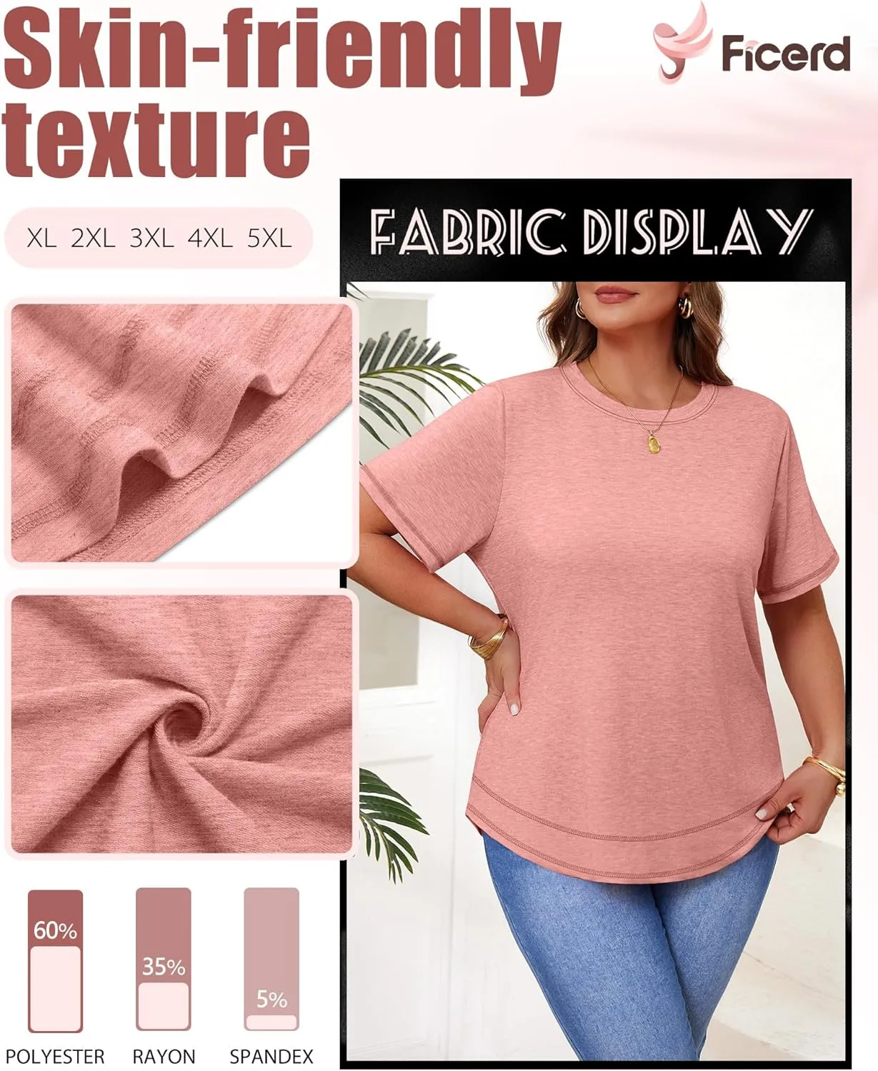 Ficerd 3 Pack Women's Plus Size T Shirts, Short Sleeve Crew Neck Shirts Curved Hem Casual Trendy Tops Loose Fit Summer Tee