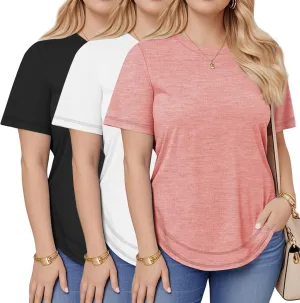 Ficerd 3 Pack Women's Plus Size T Shirts, Short Sleeve Crew Neck Shirts Curved Hem Casual Trendy Tops Loose Fit Summer Tee