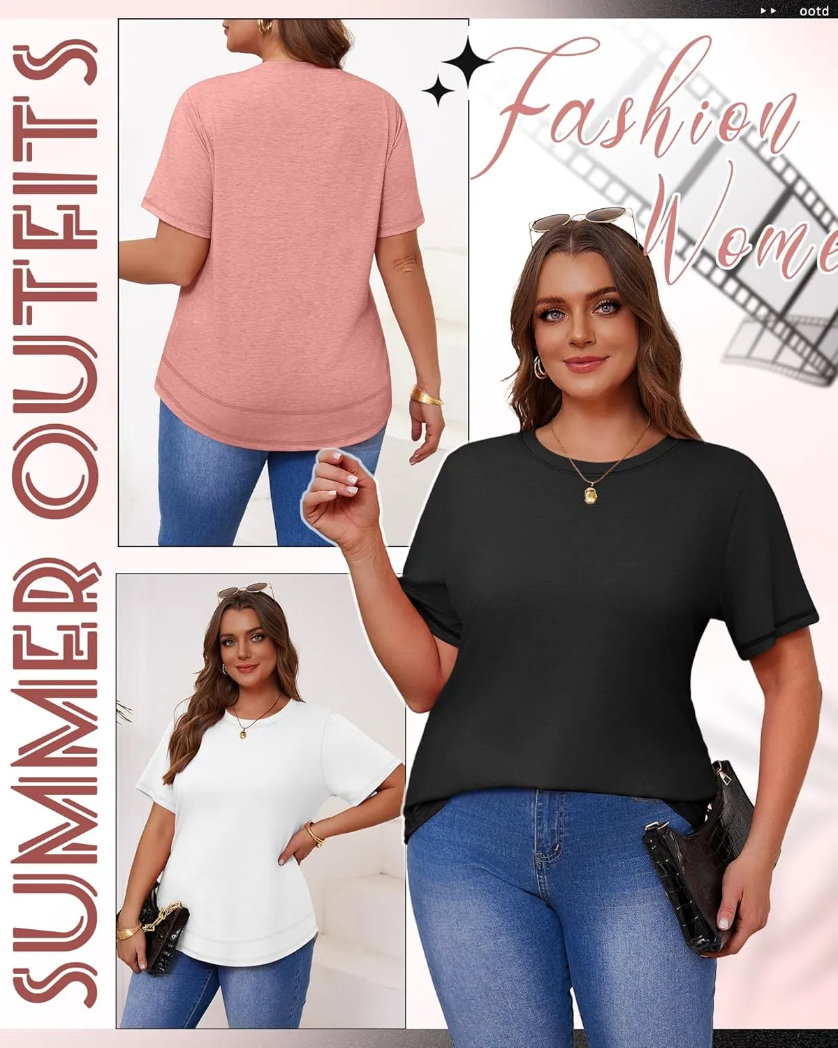 Ficerd 3 Pack Women's Plus Size T Shirts, Short Sleeve Crew Neck Shirts Curved Hem Casual Trendy Tops Loose Fit Summer Tee