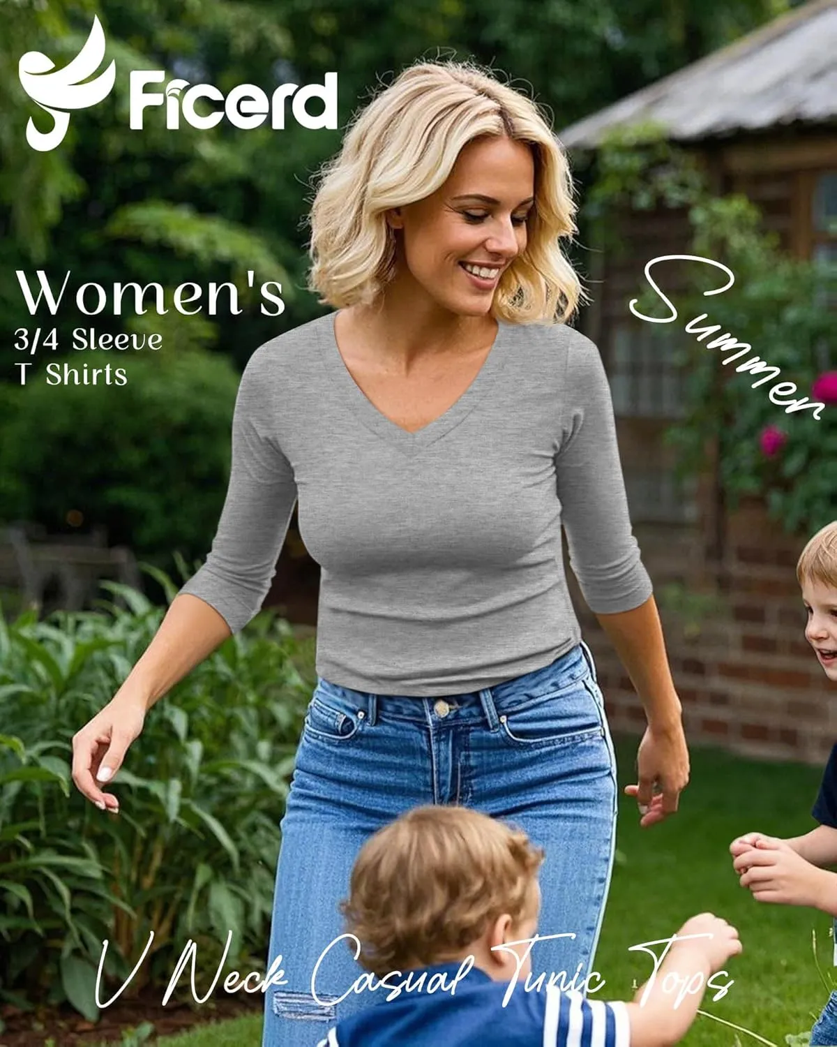 Ficerd 4 Pack Women's 3/4 Sleeve T Shirts, V Neck Casual Tunic Tops Loose Fit Cotton Shirts Solid Color Summer Tees