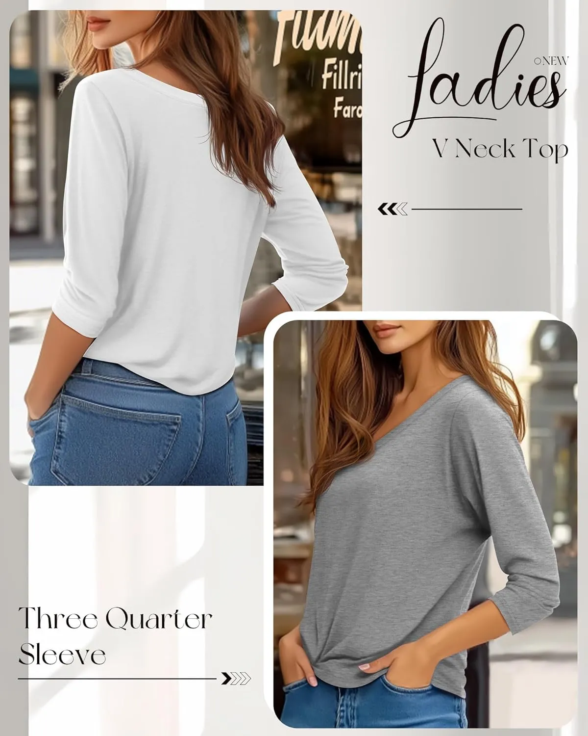 Ficerd 4 Pack Women's 3/4 Sleeve T Shirts, V Neck Casual Tunic Tops Loose Fit Cotton Shirts Solid Color Summer Tees