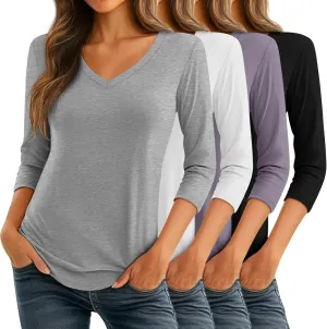 Ficerd 4 Pack Women's 3/4 Sleeve T Shirts, V Neck Casual Tunic Tops Loose Fit Cotton Shirts Solid Color Summer Tees