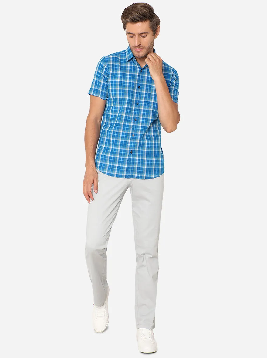 Fiesta Blue Checked Slim Fit Semi Casual Shirt | JadeBlue