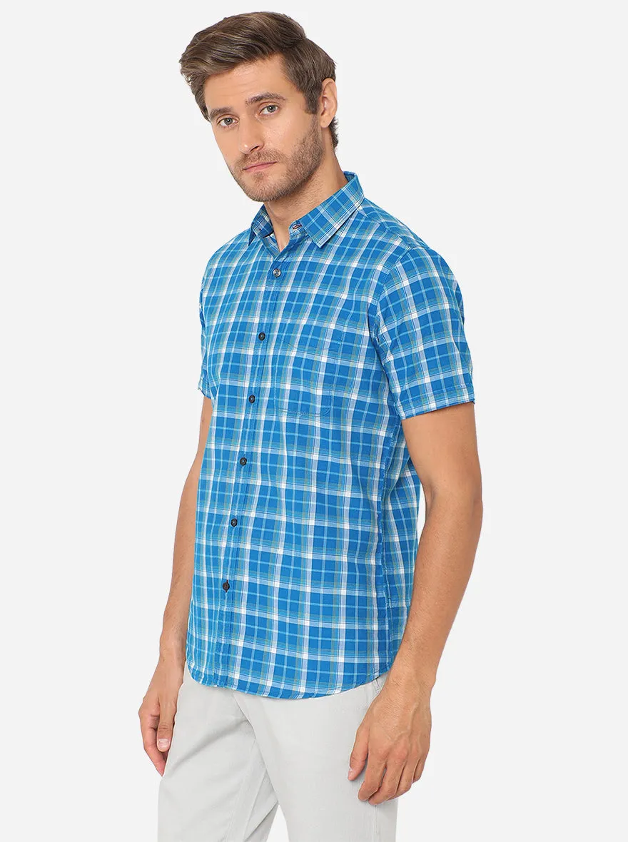 Fiesta Blue Checked Slim Fit Semi Casual Shirt | JadeBlue
