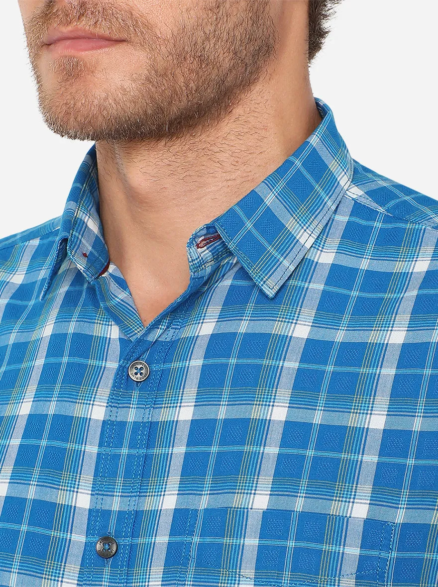 Fiesta Blue Checked Slim Fit Semi Casual Shirt | JadeBlue