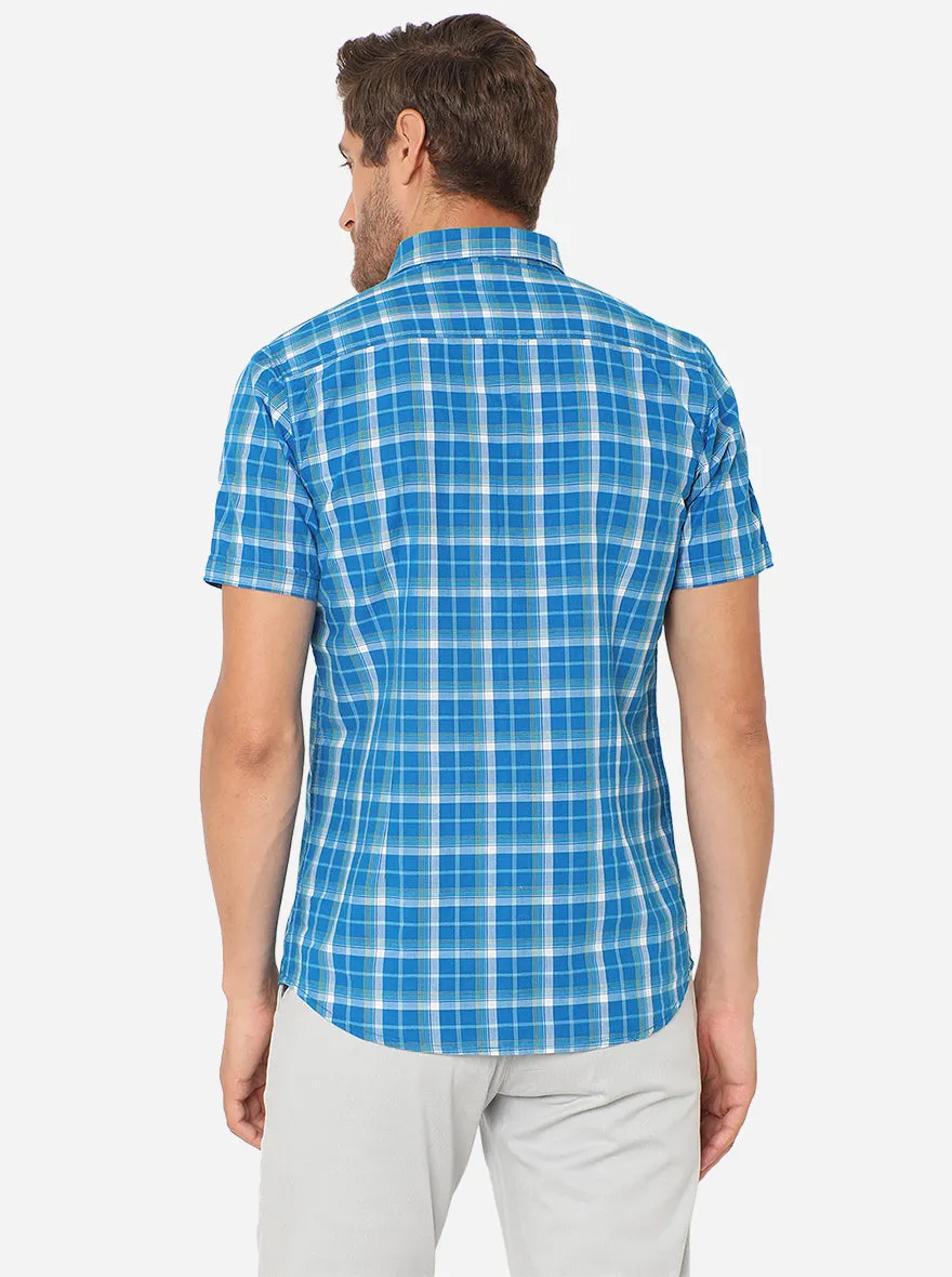 Fiesta Blue Checked Slim Fit Semi Casual Shirt | JadeBlue