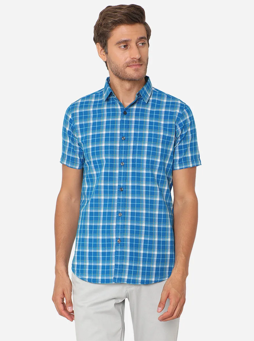 Fiesta Blue Checked Slim Fit Semi Casual Shirt | JadeBlue