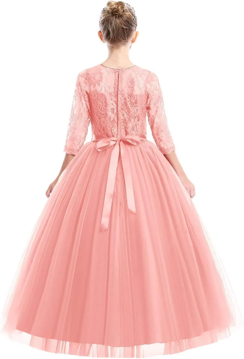 Flower Girls Long Floral Boho Lace Wedding Bridesmaid Dress 3/4 Sleeves Princess Puffy Maxi Tulle Pageant Formal Party Gowns