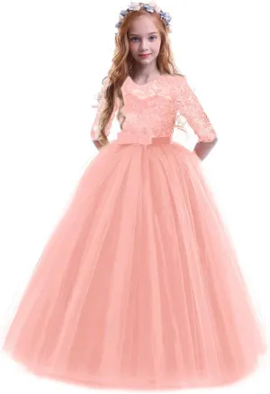 Flower Girls Long Floral Boho Lace Wedding Bridesmaid Dress 3/4 Sleeves Princess Puffy Maxi Tulle Pageant Formal Party Gowns