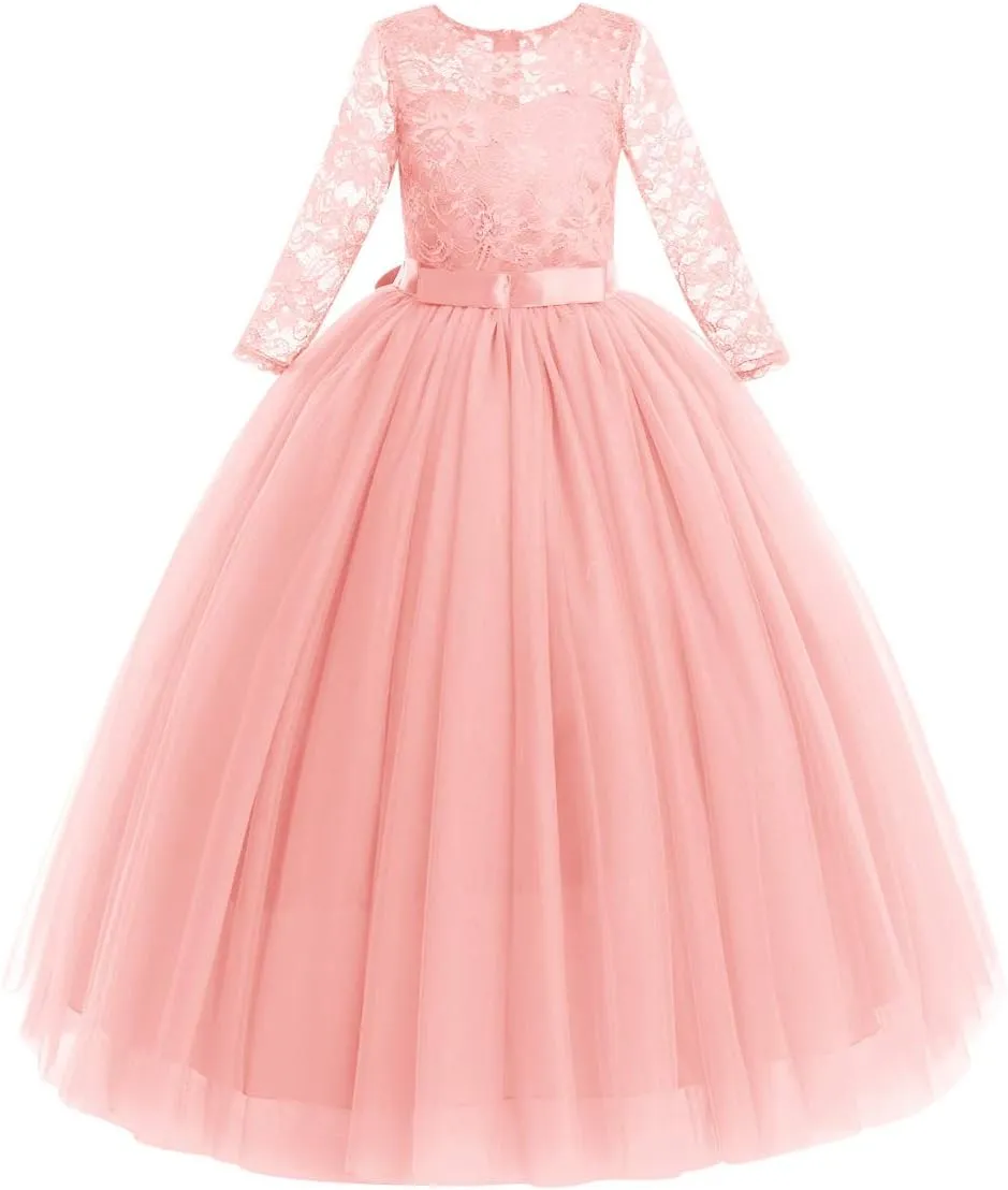 Flower Girls Long Floral Boho Lace Wedding Bridesmaid Dress 3/4 Sleeves Princess Puffy Maxi Tulle Pageant Formal Party Gowns