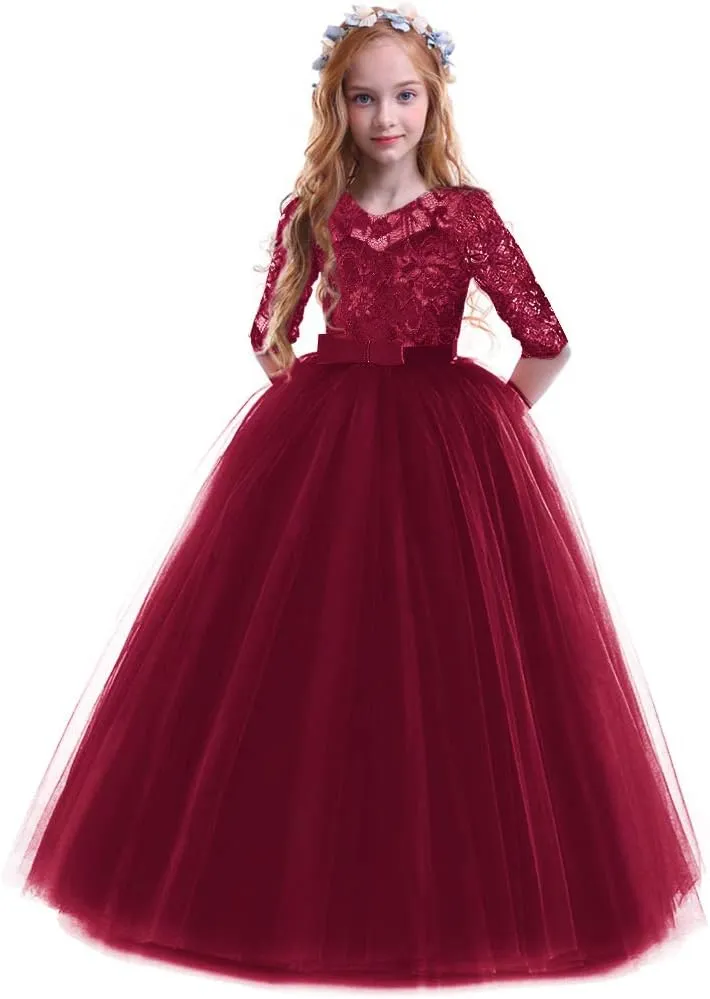 Flower Girls Long Floral Boho Lace Wedding Bridesmaid Dress 3/4 Sleeves Princess Puffy Maxi Tulle Pageant Formal Party Gowns