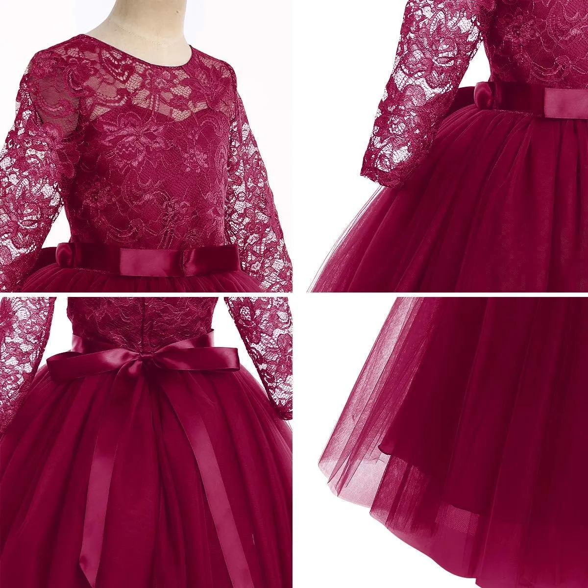 Flower Girls Long Floral Boho Lace Wedding Bridesmaid Dress 3/4 Sleeves Princess Puffy Maxi Tulle Pageant Formal Party Gowns