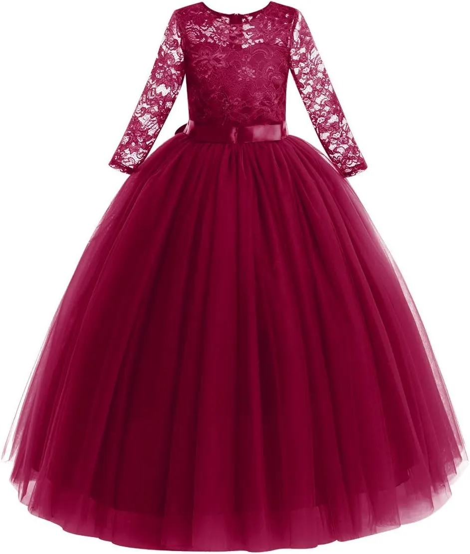 Flower Girls Long Floral Boho Lace Wedding Bridesmaid Dress 3/4 Sleeves Princess Puffy Maxi Tulle Pageant Formal Party Gowns