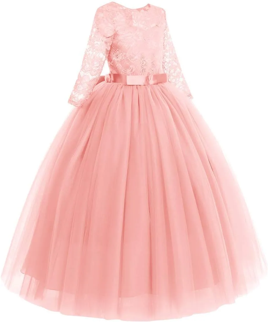 Flower Girls Long Floral Boho Lace Wedding Bridesmaid Dress 3/4 Sleeves Princess Puffy Maxi Tulle Pageant Formal Party Gowns