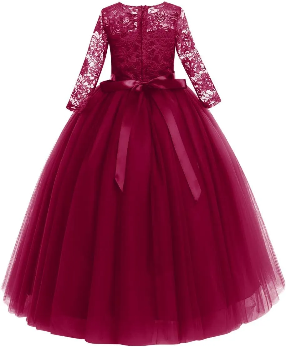 Flower Girls Long Floral Boho Lace Wedding Bridesmaid Dress 3/4 Sleeves Princess Puffy Maxi Tulle Pageant Formal Party Gowns