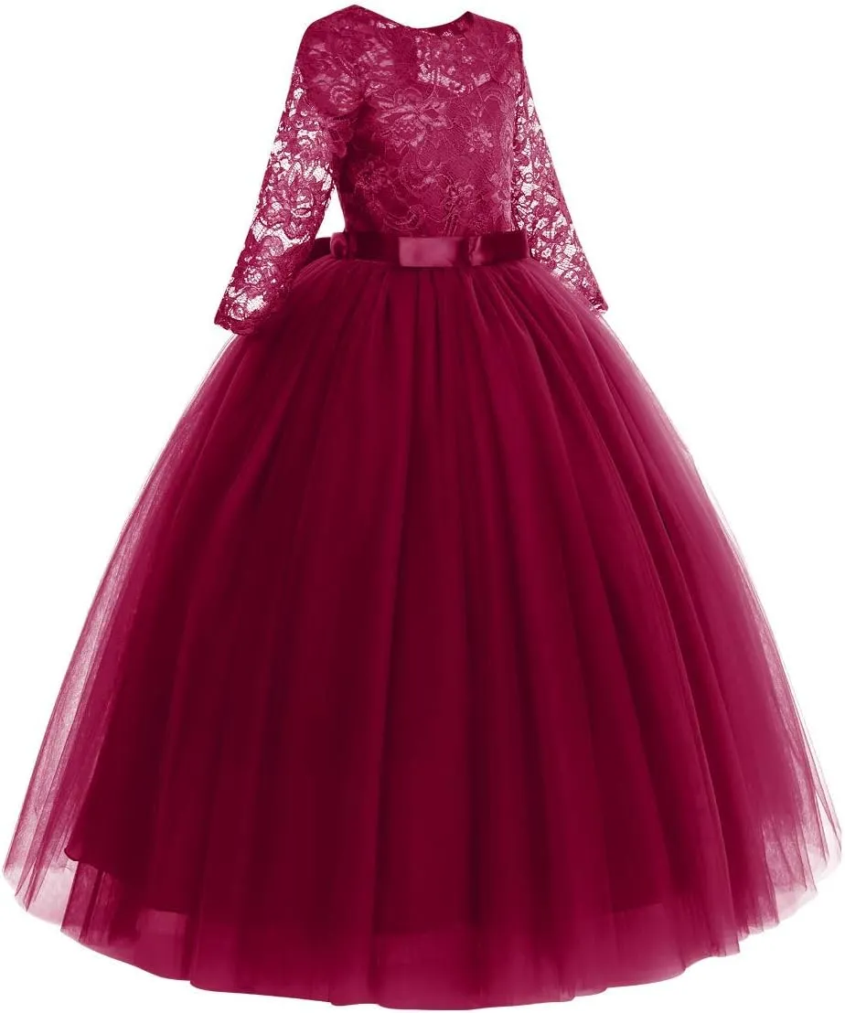 Flower Girls Long Floral Boho Lace Wedding Bridesmaid Dress 3/4 Sleeves Princess Puffy Maxi Tulle Pageant Formal Party Gowns