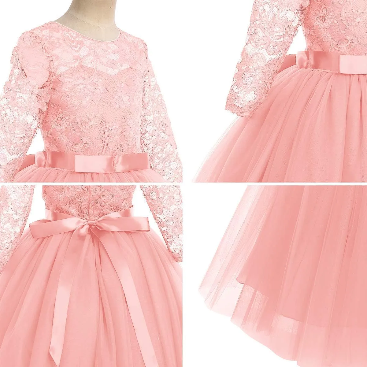 Flower Girls Long Floral Boho Lace Wedding Bridesmaid Dress 3/4 Sleeves Princess Puffy Maxi Tulle Pageant Formal Party Gowns