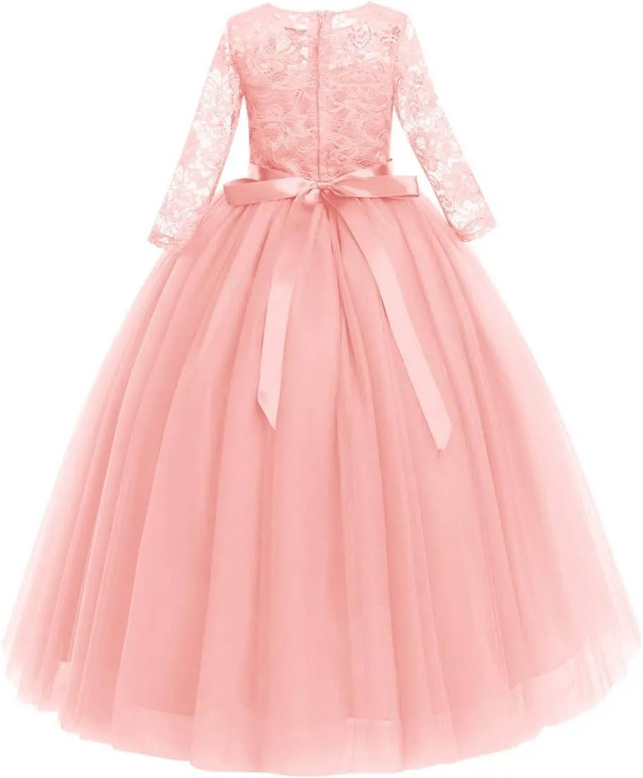 Flower Girls Long Floral Boho Lace Wedding Bridesmaid Dress 3/4 Sleeves Princess Puffy Maxi Tulle Pageant Formal Party Gowns