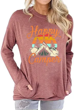 Fuyxxmer Happy Camper Sweatshirt Women Vintage Mountain Graphic Tee Long Sleeve Pullover Blouses Top Shirts with Pockets
