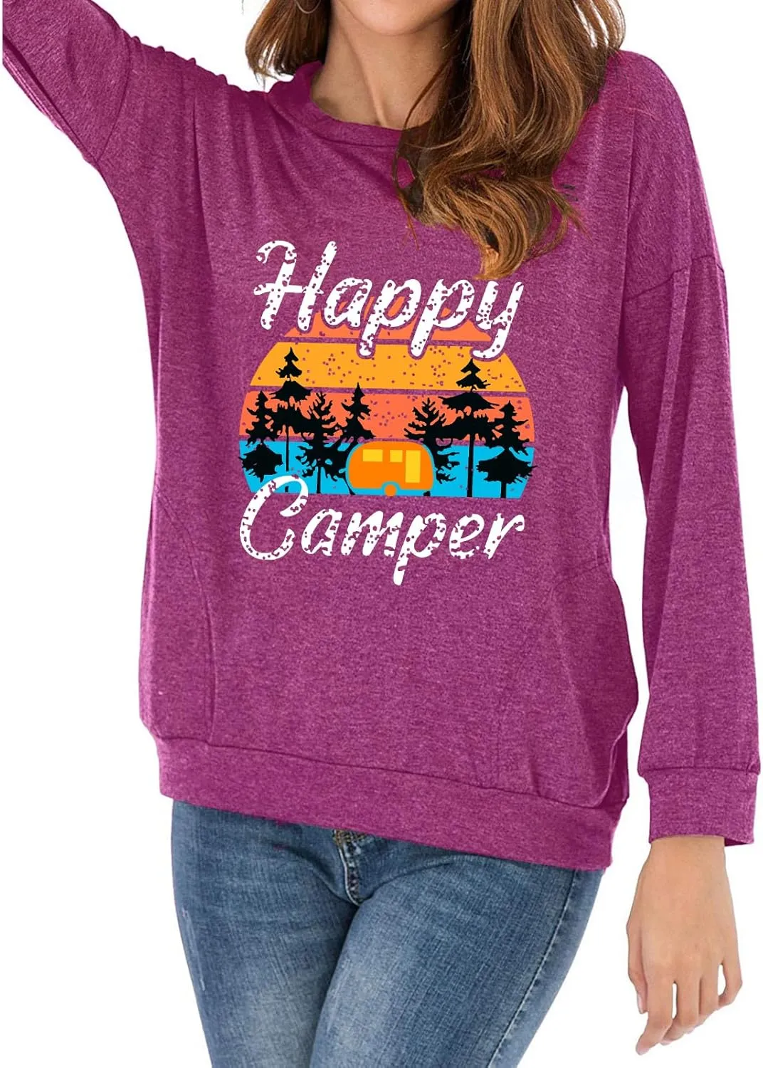 Fuyxxmer Womens Happy Camper Sweatshirt Vintage Mountain Graphic Tee Long Sleeve Pullover Blouses Top Shirts with Pockets